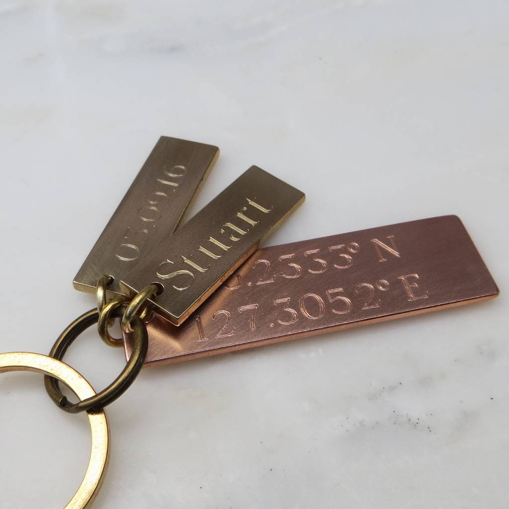 engraved copper and brass tag keyring by gracie collins