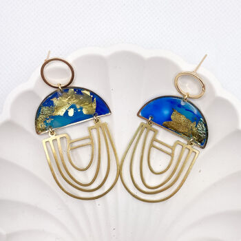 Blue Gold Flake Arch Statement Earrings For Her, 4 of 12