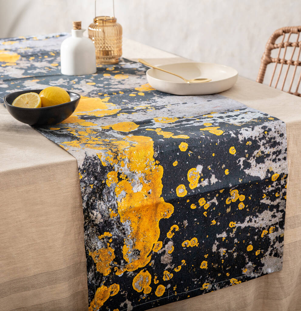 Yellow And Charcoal Grey Table Runner 'nomad Splash' By Ruth Holly