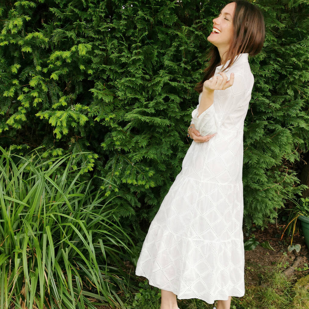 white cotton broderie dress