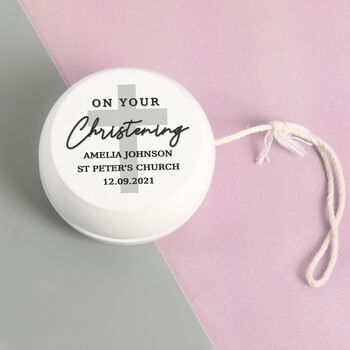 Personalised On Your Christening White Wooden Yoyo, 3 of 3