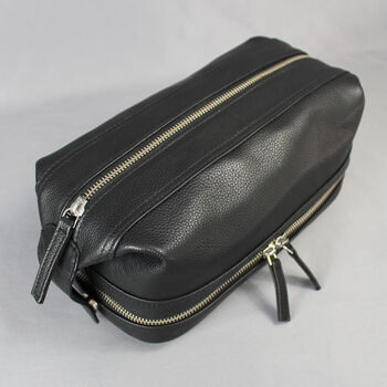 Black Leather Open Top Wash Bag With Gunmetal Zips, 4 of 7