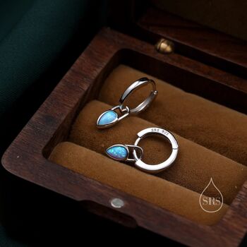 Blue Opal Dagger Huggie Hoop Earrings Sterling Silver, 5 of 11