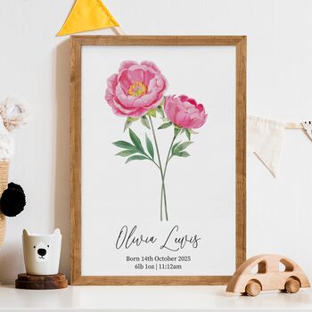Personalised Birth Flower Baby Print – New Baby Gift – Name And Birth Details Nursery Print, 7 of 10
