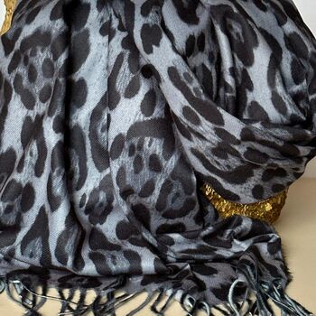 Leopard Print Scarf With Tassels In Grey, 3 of 4