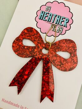 Red Ribbon Bow Glitter Christmas Tree Decoration / Sparkly Christmas Gift For Her, 3 of 5