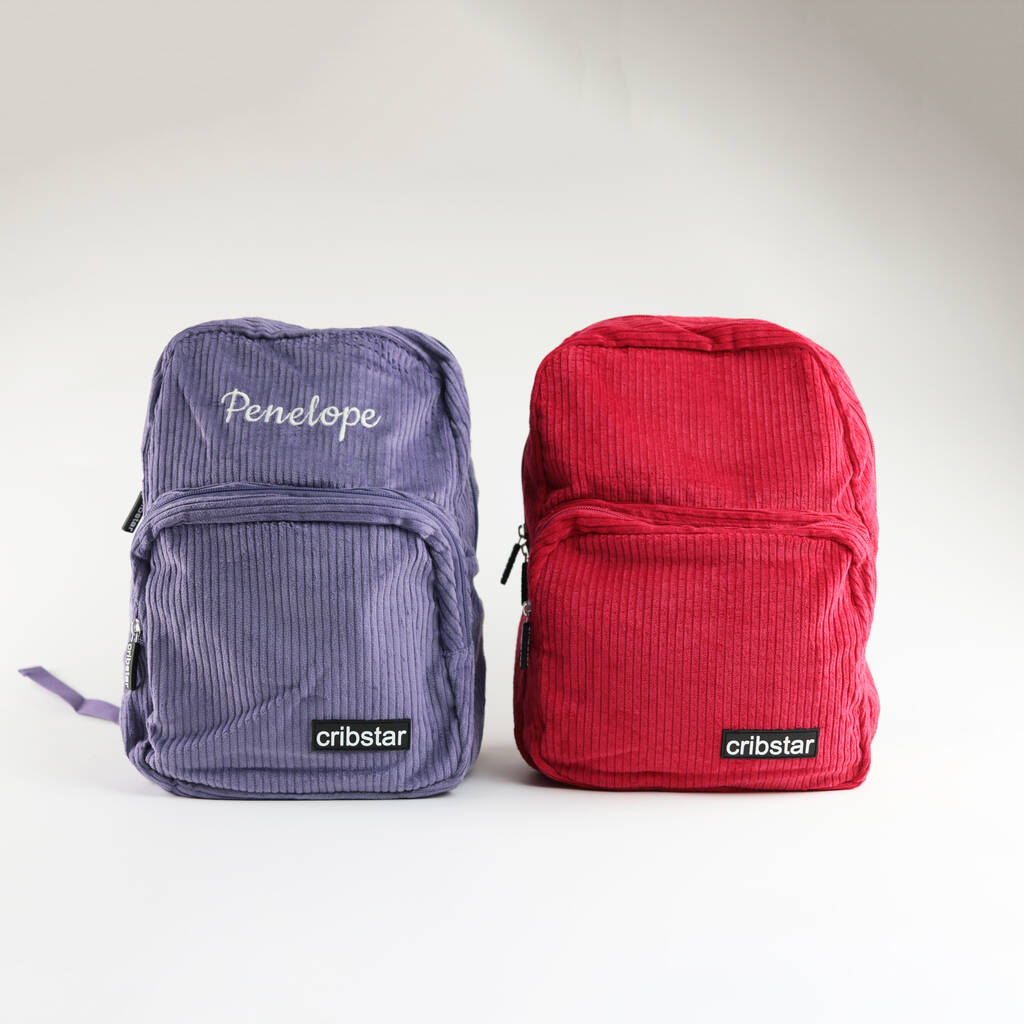 Personalised Corduroy Kids Backpack Purple Or Red, 1 of 3