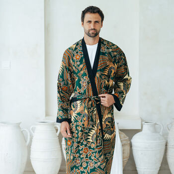 Green Men's Full Length Batik Kimono Robe, 2 of 6