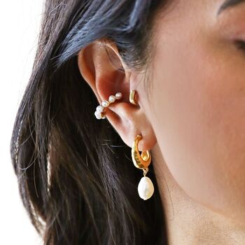 Gold Plated Organic Hoop Earrings With Freshwater Pearl, 3 of 4