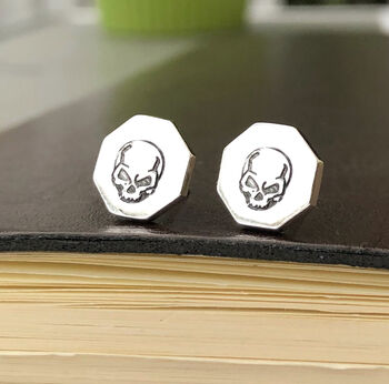 Sterling Silver Angry Skull Hexagon Halloween Earrings, 5 of 9