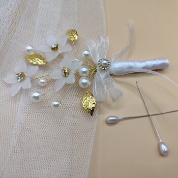 Pearl And Gold Wedding Boutonniere For Groom And Groomsmen, 5 of 11