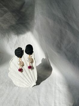 Abstract Cockle Shell Ruby Pearl Drop Earrings, 4 of 6