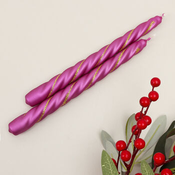 G Decor Set Of Two Handmade Maison Dorée Violet Orchid Spiral Glitter Stripe Dinner And Taper Candles, 3 of 6