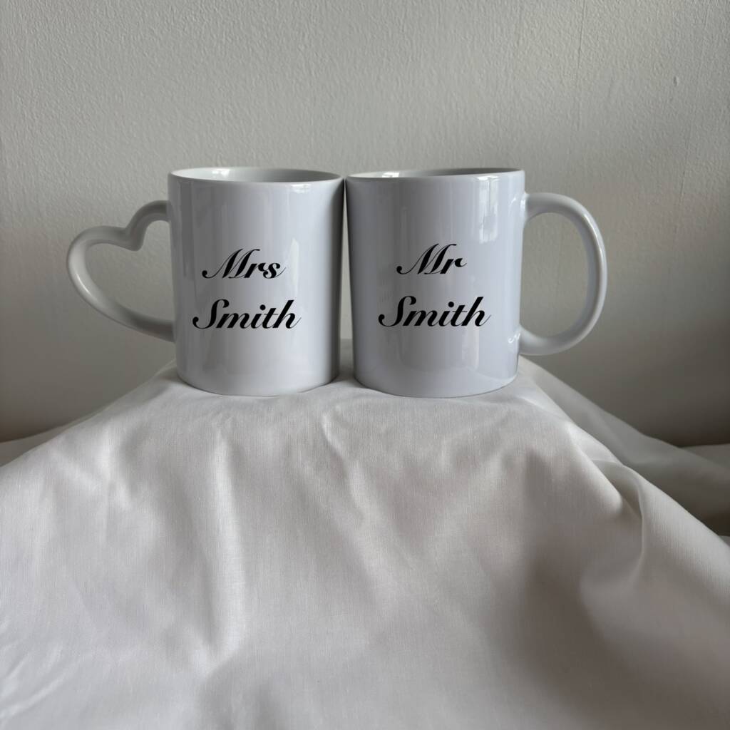 Mr And Mrs, Mr And Mr, Mrs And Mrs Personalised Name Wedding Mugs Set Of Two Optional Personalised Photo Or Personalised Date / Calendar, 1 of 3