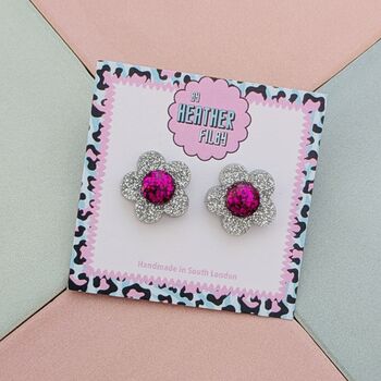 Flower Glitter Resin Stud Earrings Silver, Green And Blue, 3 of 12