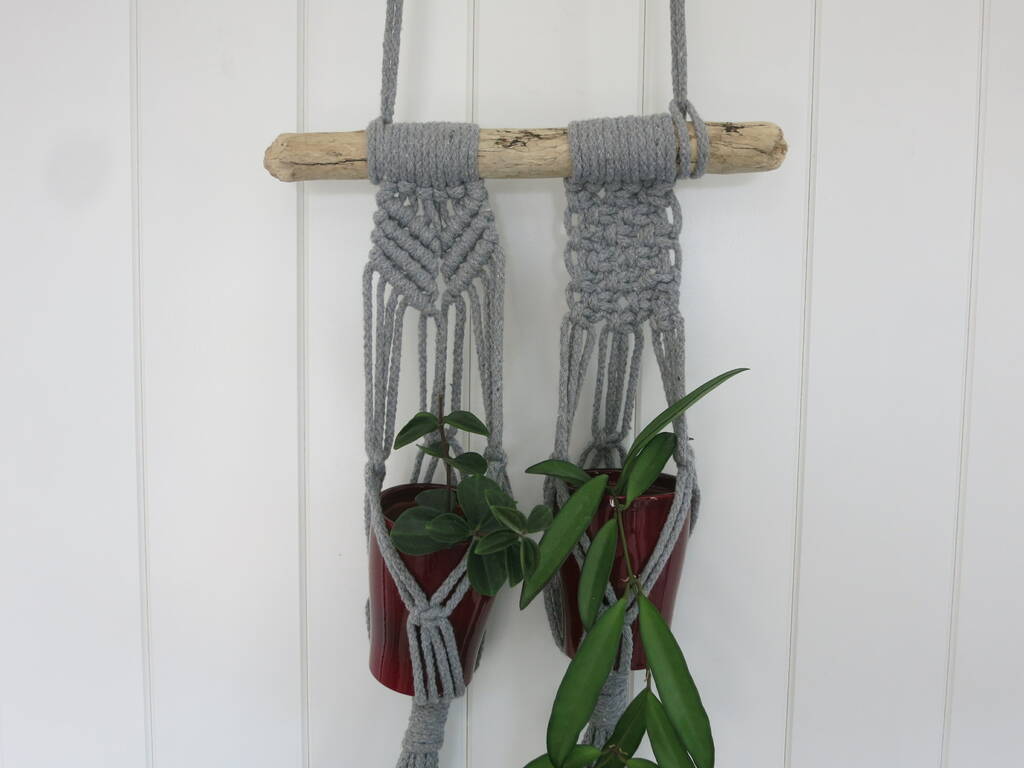 Image of Grey Macrame Plants Hanger With Driftwood