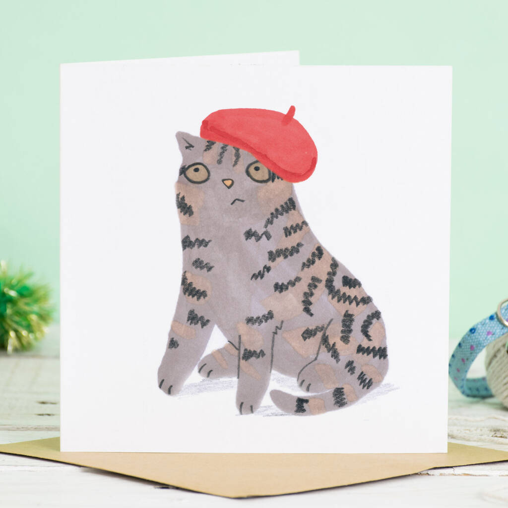Birthday Card Cat In Red Beret
