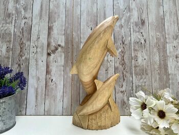 Hand Carved Wooden Teak Dolphin Sculpture 30cm Ornament Figurine Gift, 6 of 9