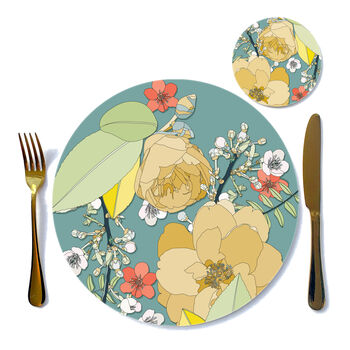 Round Placemat Large Heatproof Chica Camellia Teal, 8 of 10