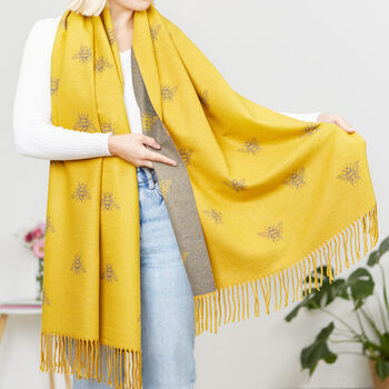 Mustard Cashmere Bee Print Scarf, 2 of 4