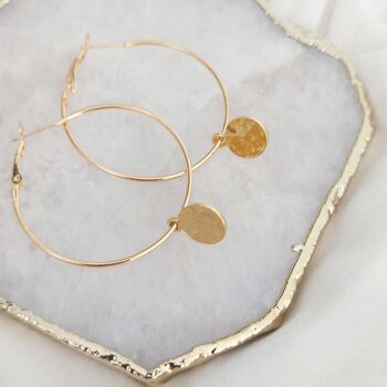Hammered Disc Gold Plated Hoop Earrings, 3 of 5