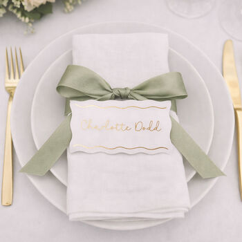 Personalised White Wavy Edge Line Wedding And Event Gold Foiled Place Cards, 5 of 5