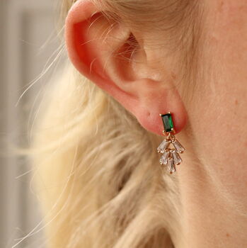 Art Deco Emerald Baguette Crystal Chrysler Earrings, 2 of 5