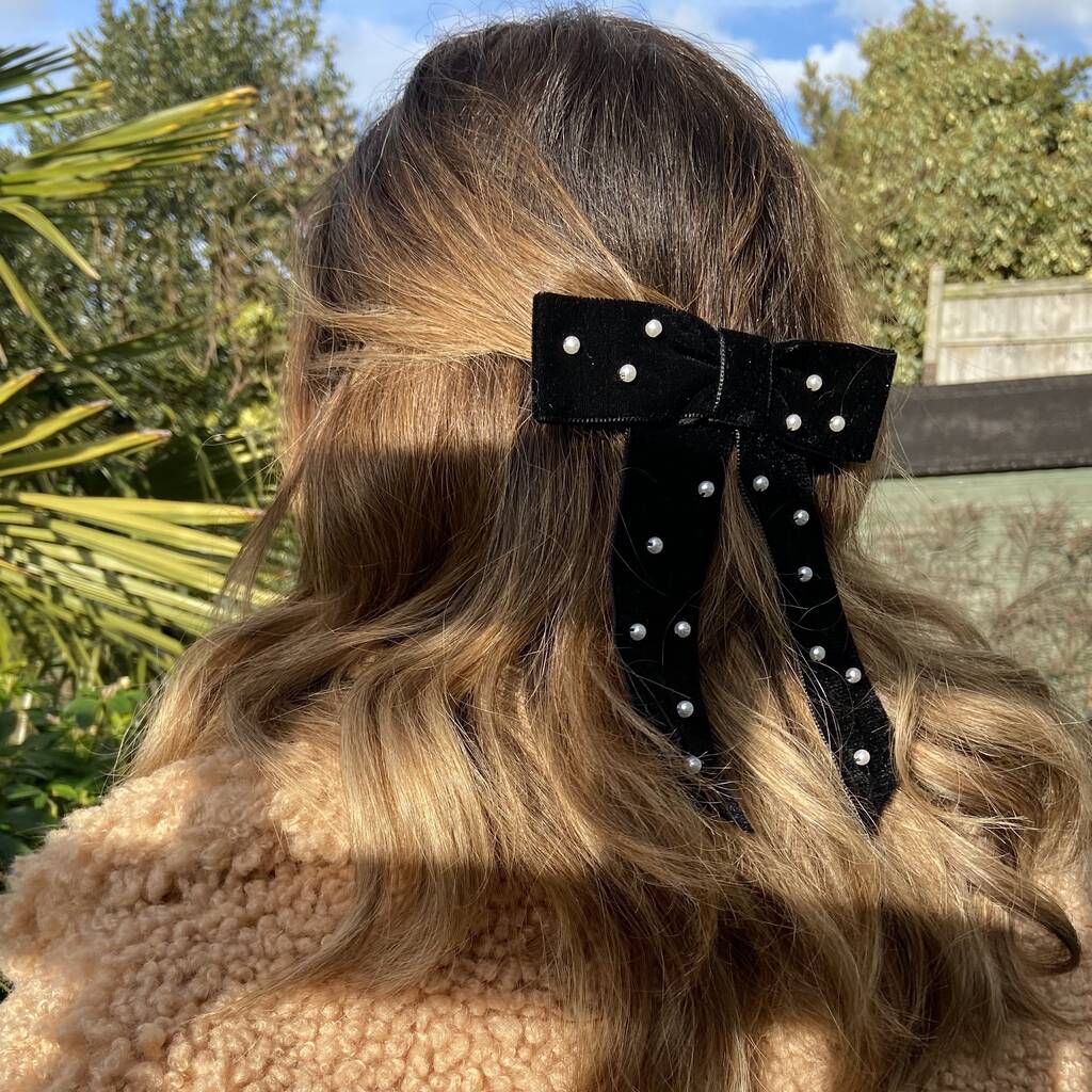 Velvet And Faux Pearl Hair Bow Barrette By Tayla Tayla
