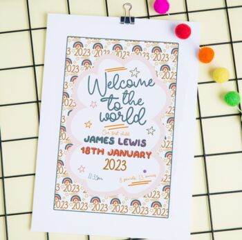 Welcome To The World Baby Birth Date Nursery Print, 5 of 7