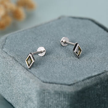 Sterling Silver Olive Green Cz Rhombus 16 G Flat Back Labret Earrings, 4 of 11