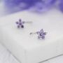 Amethyst Purple Forget Me Not Flower Cz Hoop Earrings, thumbnail 4 of 12