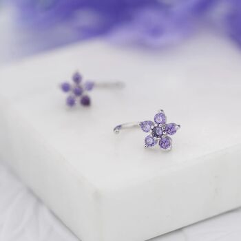 Amethyst Purple Forget Me Not Flower Cz Hoop Earrings, 4 of 12