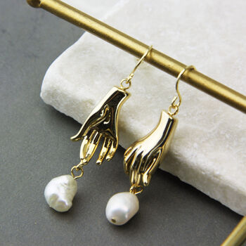 Gold Plated Hand And Pearl Dangle Earrings, 5 of 9