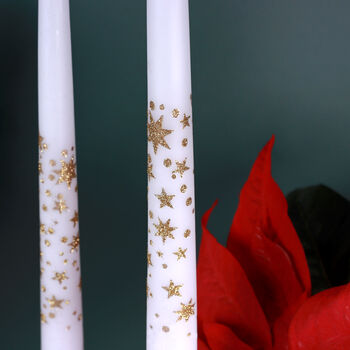 G Decor Set Of Two Hand Finished White Gold Starlit Dinner Candles Gold Glitter Stars Taper Candles Set, 3 of 5