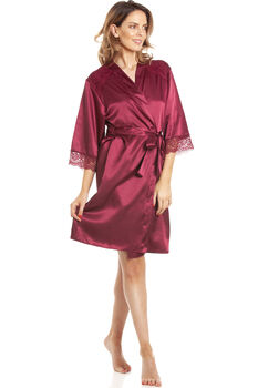 British Made Burgundy Short Satin Dressing Gown With Lace Detail, 3 of 5