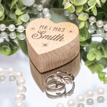 Mr And Mrs Stars Engraved Wooden Heart Wedding Ring Box, 3 of 3