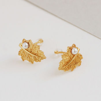 Gold Plated Leaf Earrings With Pearl, 3 of 6