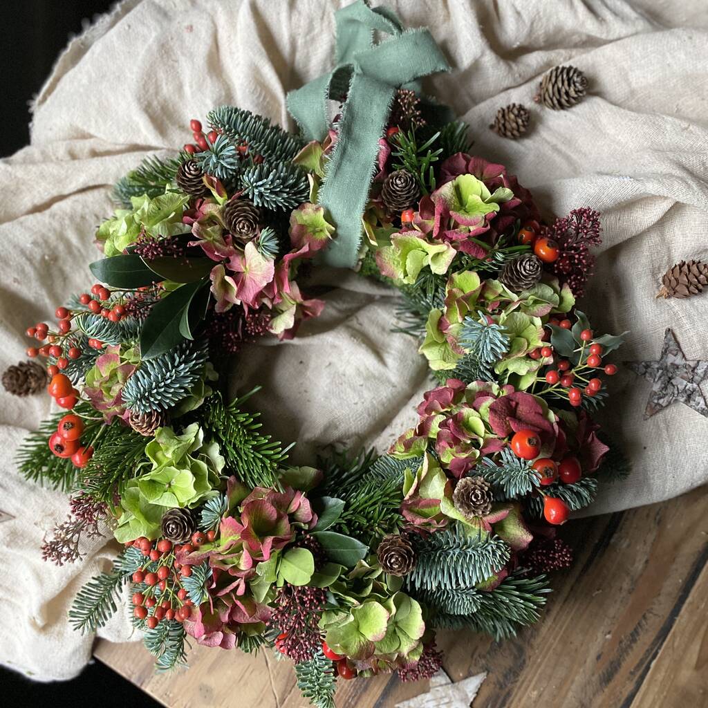 Christmas Fresh Hydrangea And Berry Wreath, 1 of 11