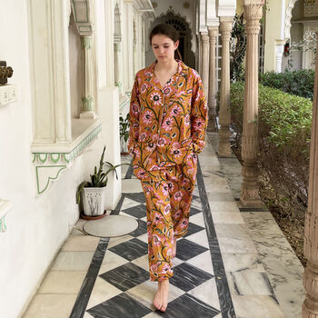 Mustard Yellow Block Print Floral 100% Cotton Ladies Pyjamas, 3 of 8
