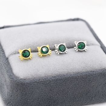 Emerald Green Cz Cat Stud Earrings Sterling Silver, 2 of 11