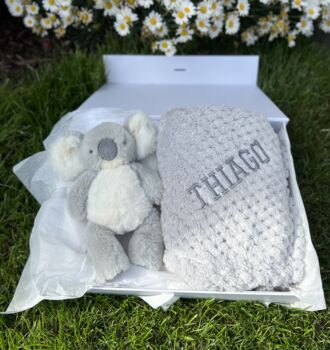Personalised Grey Baby Blanket And Koala Soft Toy, 2 of 3