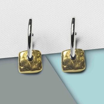 Organic Square Charm Gold Plated Silver Huggie Hoop Earrings, 3 of 6