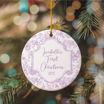 Baby's First Christmas Personalised Floral Ceramic Tree Decoration Pink Or Blue, 3 of 5