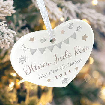 My First Christmas Baby Garland Ceramic Heart Hanging Decoration Bauble+ Gift Box, 5 of 7