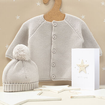 Luxury Grey Bobble Hat And Cardigan Baby Gift Set, 2 of 12