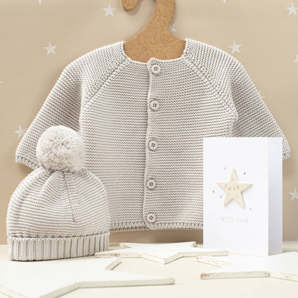 Luxury Grey Bobble Hat And Cardigan Baby Gift Set, 1 of 12