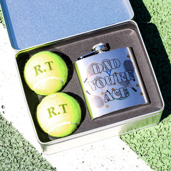 Personalised Your Ace Tennis Balls Tin And Hip Flask Gift For Dad, 2 of 7