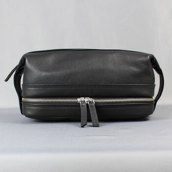 Black Leather Open Top Wash Bag With Gunmetal Zips, 2 of 7