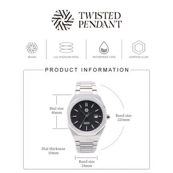 Mens Silver And Black Obsidian Steel Watch, 3 of 12