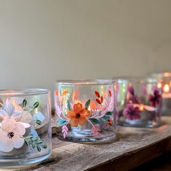 Tea Light Glass Votives With Handpainted Florals | Assorted Designs, 4 of 7